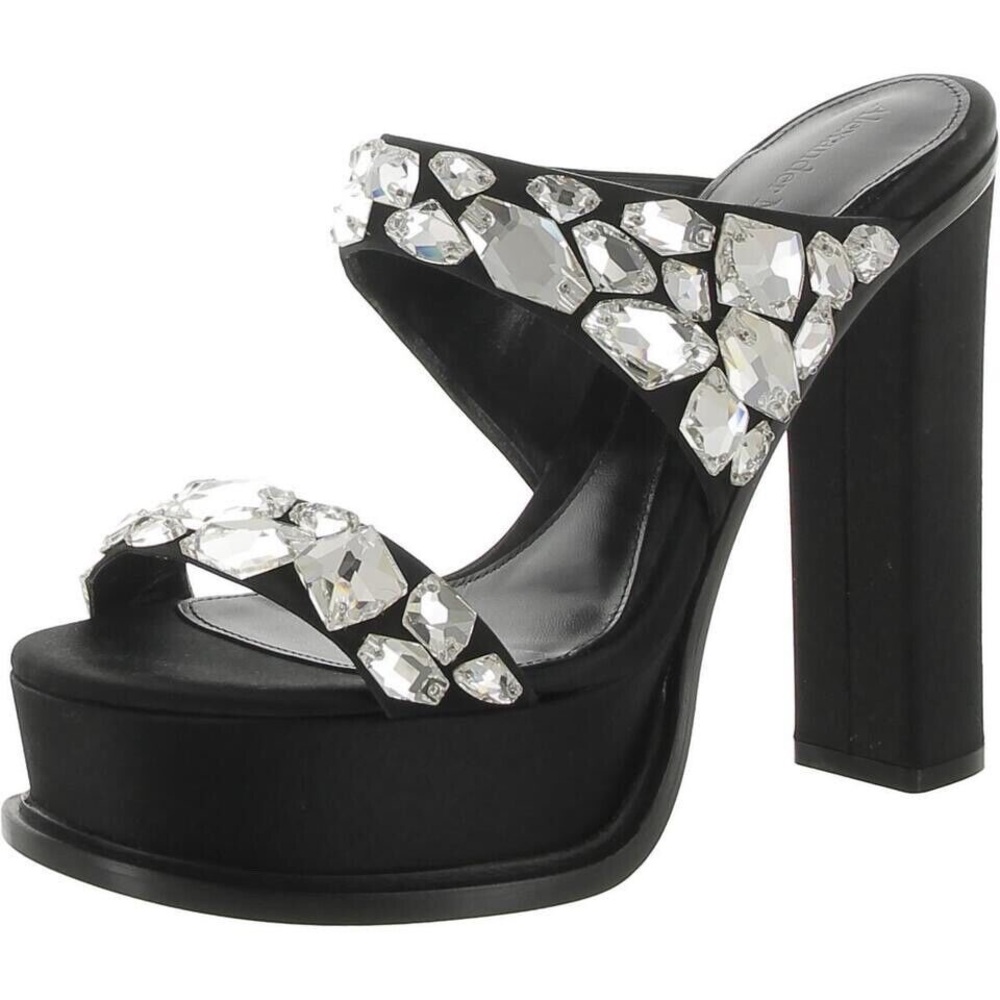 Alexander McQueen Black Platform Embellished Open Toe Heels 37 US 7 NEW $1590